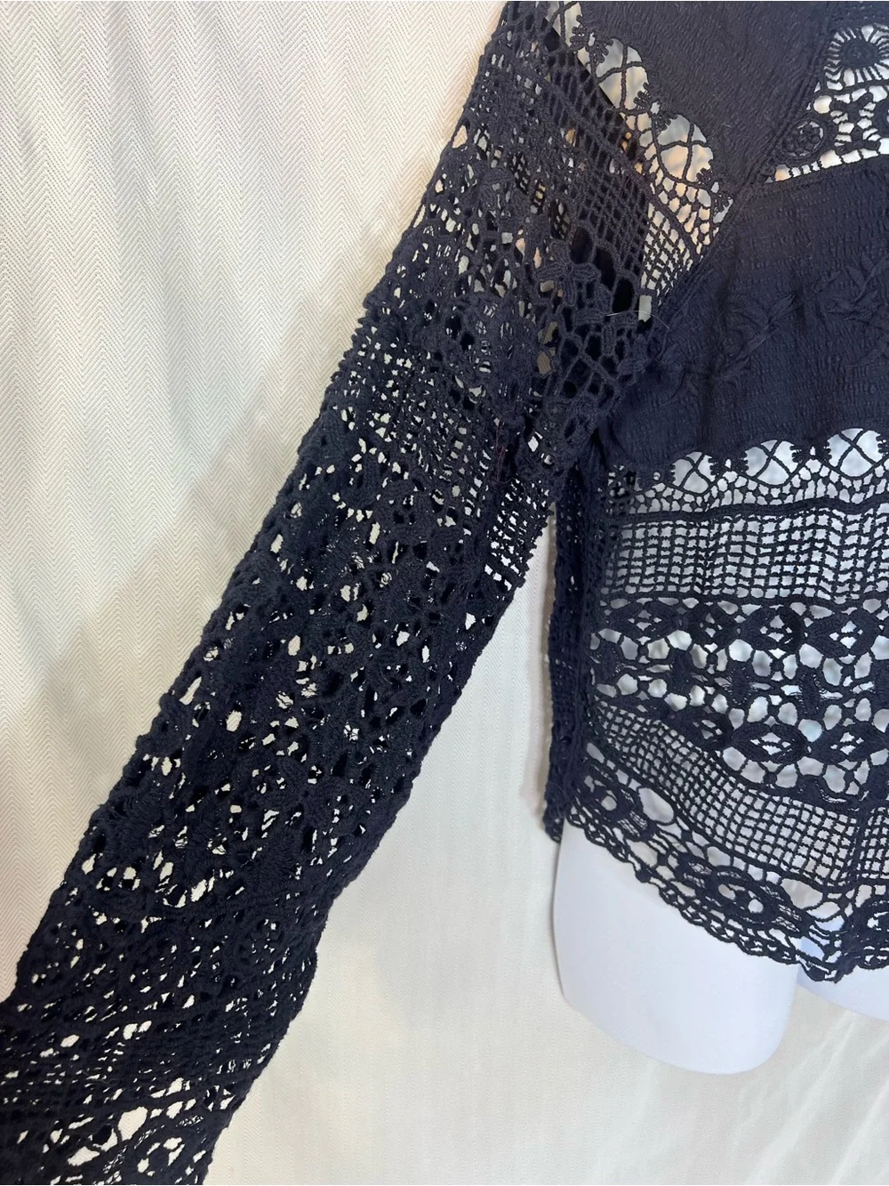 Anthropologie Deletta Crocheted Sweater Navy Long Sleeves Round Neck Boho L 👍